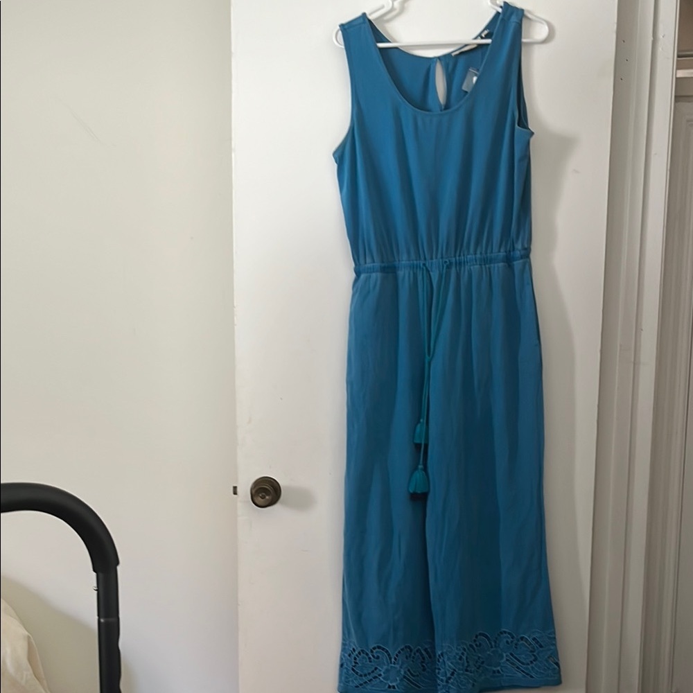 Blue Sleeveless Jumpsuit with Lace Hem